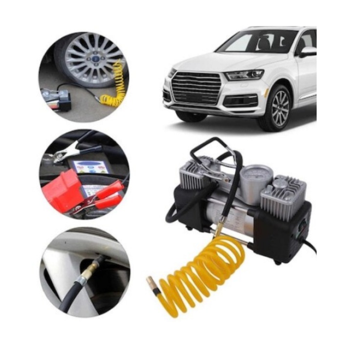 Compresor auto Macvi® 12V cu 2 cilindri, furtun 5 m, kit pana si unelte incluse