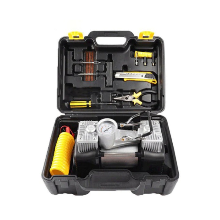 Compresor auto Macvi® 12V cu 2 cilindri, furtun 5 m, kit pana si unelte incluse