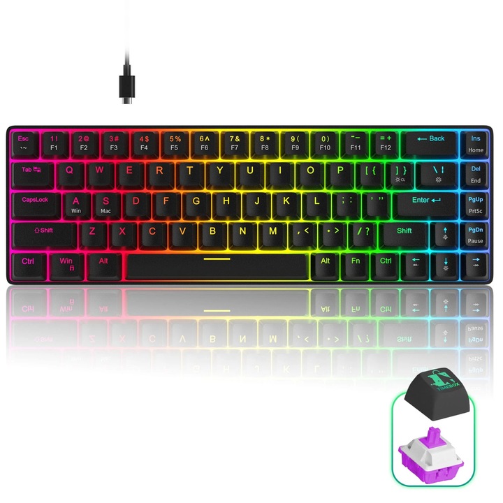 Tastatura Mecanica Gaming Timebox, Iluminare RGB Personalizata cu Switch-uri Rosii, Anti-Ghosting, Design Compact, Format 60% compact si Conectivitate USB-C, Negru