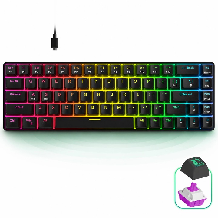 Механична геймърска клавиатура Timebox, персонализирано RGB осветление с червени превключватели, Anti-Ghosting, компактен дизайн, 60% компактен формат и USB-C свързаност, черна