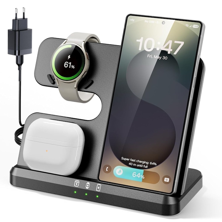 3 az 1-ben töltőállomás Samsunghoz, Qi-tanúsítvánnyal, gyors vezeték nélküli töltés Galaxy S25/Ultra/S24/S23/Z Flip készülékekhez, kompatibilis Galaxy Watch 7/6/5 és Galaxy Buds 3/2/Pro készülékekkel