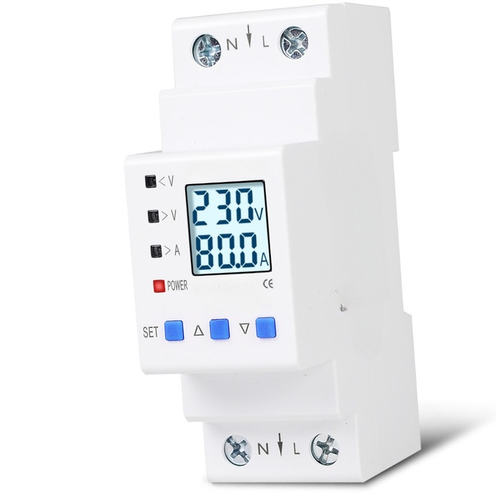 Releu de Protectie la Supratensiune si Curent,100x36x67.5mm, Aspect alb, Sarcina de 63A,220V, Afisaj LCD, Resetare Automata, Protectie Anti-Traznet, Protectie dubla, Instalare usoara, durabil, Reinchidere