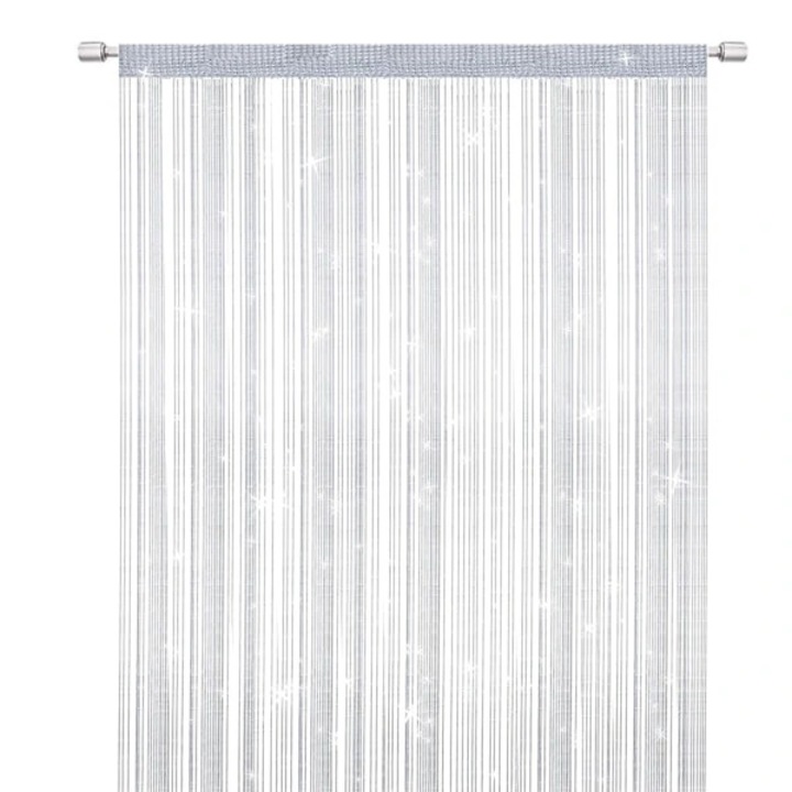 Perdea sirag alb 100x200cm, despartitor camera cu franjuri, poliester si fir argintiu