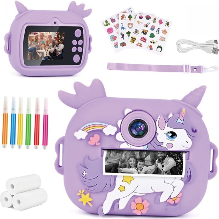 Aparat foto copii cu printare,4K, Camera duala fata-spate cu Autofocus, 48Mpx, Display LCD 2.4", 5 role hartie termica, Carioci colorate, snur si cablu de incarcare incluse, Violet