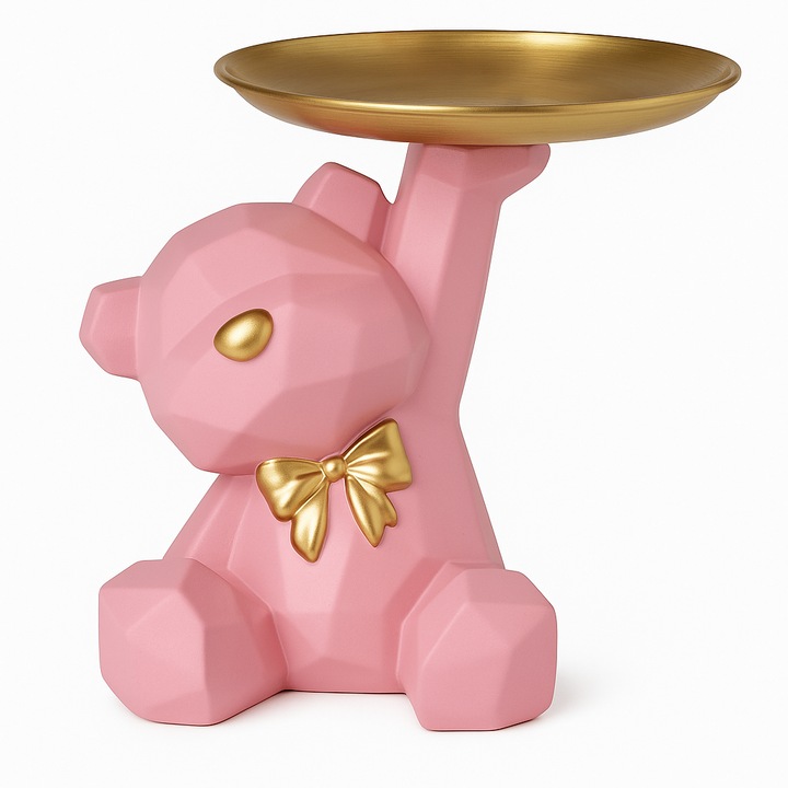 Urs decorativ cu tava, BoMa Home, roz deschis cu detalii aurii, 17cm