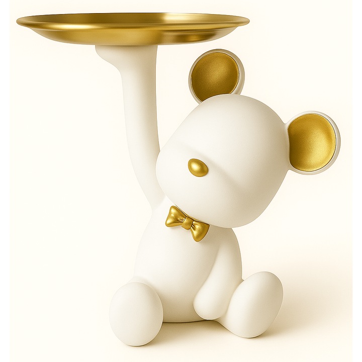 Figurina decorativa cu tava, BoMa Home, ursulet, 18,5x14cm, aurie, pentru dulciuri si bijuterii