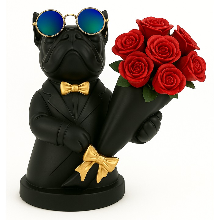 Vaza decorativa Buldog, set cu figura si ochelari, neagra, 22x15.5x10cm