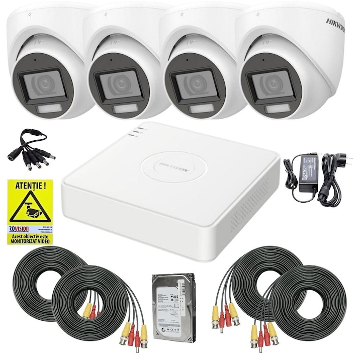 Kit complet 4 camere supraveghere full hd 80m IR Hikvision cu surse alimentare Pulsar cablu 100m si HDD 2TB WD