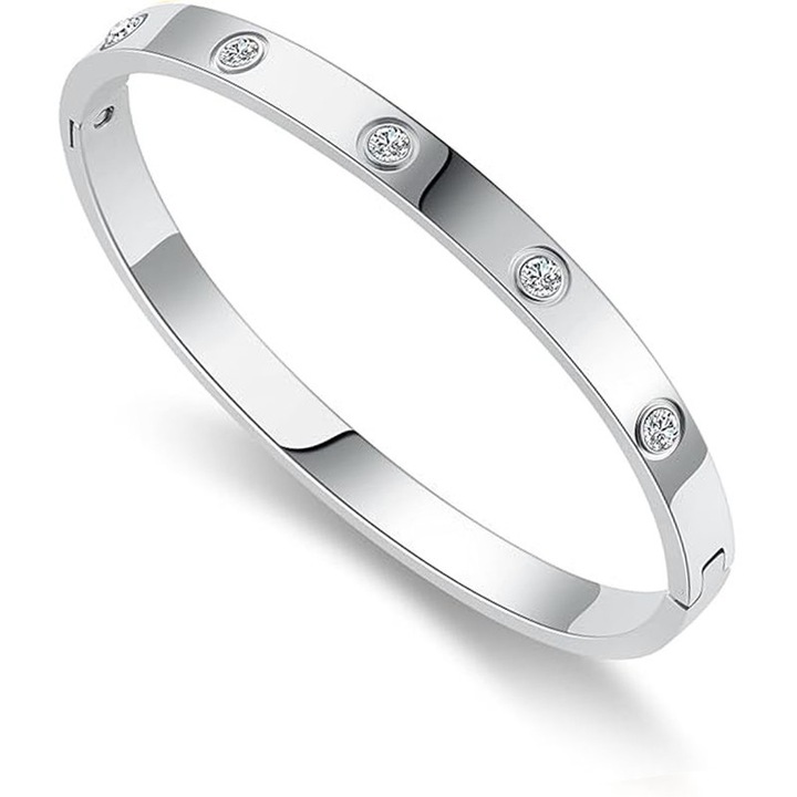 Bratara din otel titan, zirconiu incrustat, eleganta, simpla, pentru femei, inox, argintiu