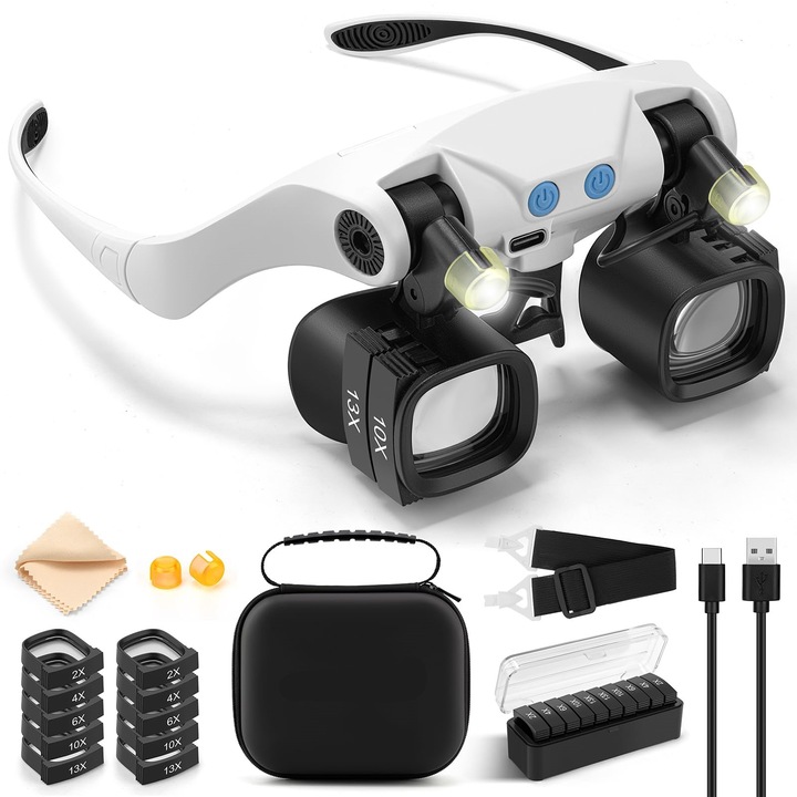 Hordozható nagyító, WALALLA, levehető és állítható kettős lencsével, két LED fénnyel, két világítási móddal és öt pár lencsével (2x, 4x, 6x, 10x és 13x), alkalmas javításokhoz, ékszerkészítéshez, olvasáshoz, kézműveskedéshez és körömdíszítéshez, fekete
