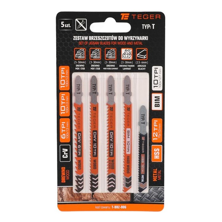 Set de lame de fierastrau pendular, Teger, metal/drept, 5 bucati, 3-30mm, 2.5-6mm