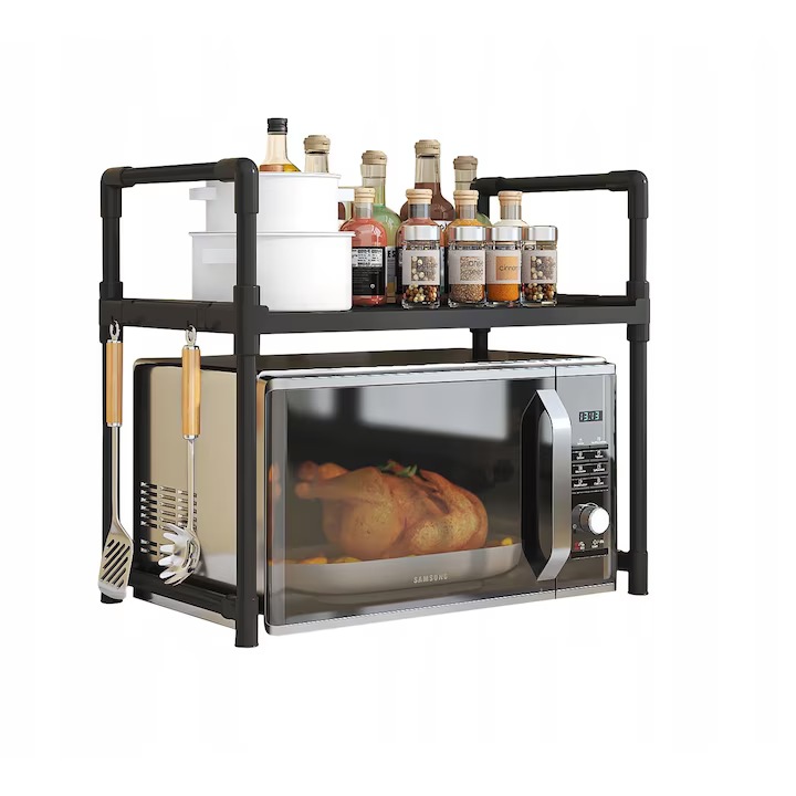 Кухненска етажерка за микровълнова фурна, 2 нива, 49x48x32 см, Устойчива пластмаса, Черен – Рафт Органайзер за подправки и аксесоари, FABRILUX®