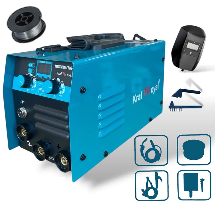 Инверторен електрожен 350А с телоподаващо 2в1 + маска и ролка тел, KraftRoyal