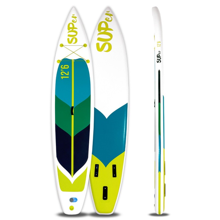 Placa SUP Super 12’6″ 2025 GREEN, 381x81x15 cm, Allround, capacitate maxima de 150kg, SOLO fara accesorii, Verde si Galben si Alb