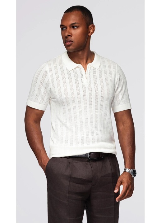 Tricou polo din viscoza cu fermoar OMBRE OM-POSS-0158, Alb