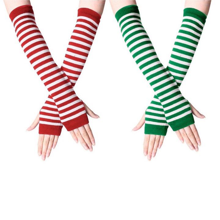 Női téli kesztyű, RDWESZOD, 2 pár, kötött, piros/fehér/zöld, hüvelykujj nyílással