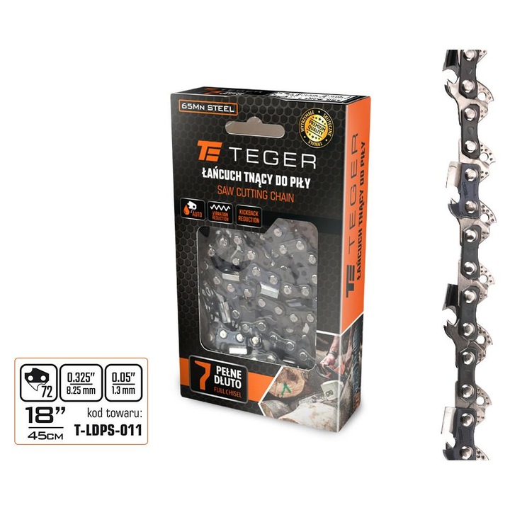 Lant taiere pentru fierastrau, 18" (45 cm) / 0,325" 1,3mm 72 dinti, Teger, din otel mangan 65Mn, sistem automat de ungere