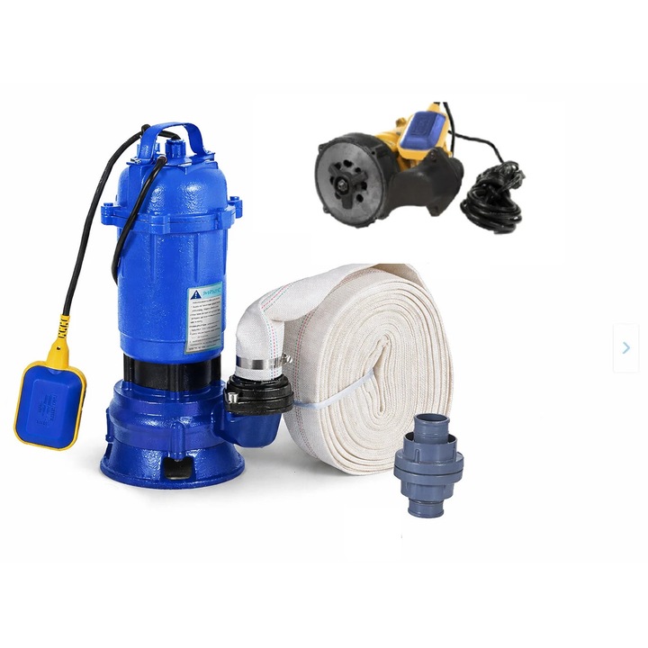 Промоционален пакет Потопяема помпа за мръсна вода с чучур и поплавък, DDT, WQCD, 2200 W, 8 м³/ч + Пожарен маркуч 2'' 20 м, 8 бара, с муфи