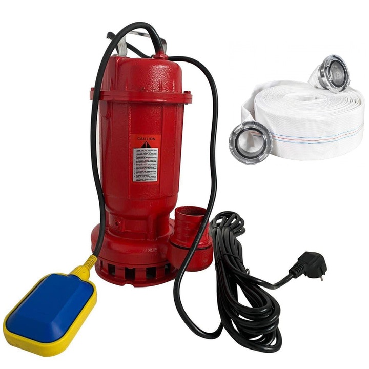 Промоционален пакет WQD10 червена чугунена помпа за мръсна вода с поплавък, 1100 W, 15 м³/ч + Пожарен маркуч 2'' 20 м, 8 бара, с муфи