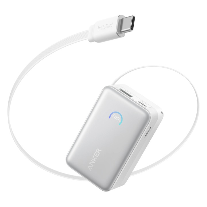 Acumulator extern Anker Nano 10.000 mAh, 45W, cu cablu USB-C InstaCord retractabil, Alb