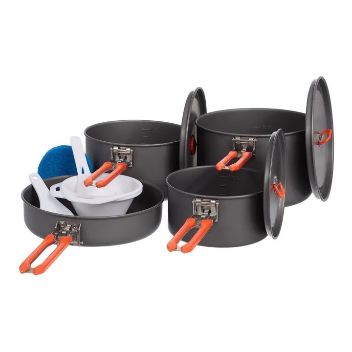 Set de vase camping Fire-Maple Feast 5, 3 oale si o tigaie, aluminiu anodizat, pentru 4-5 persoane, usor si compact