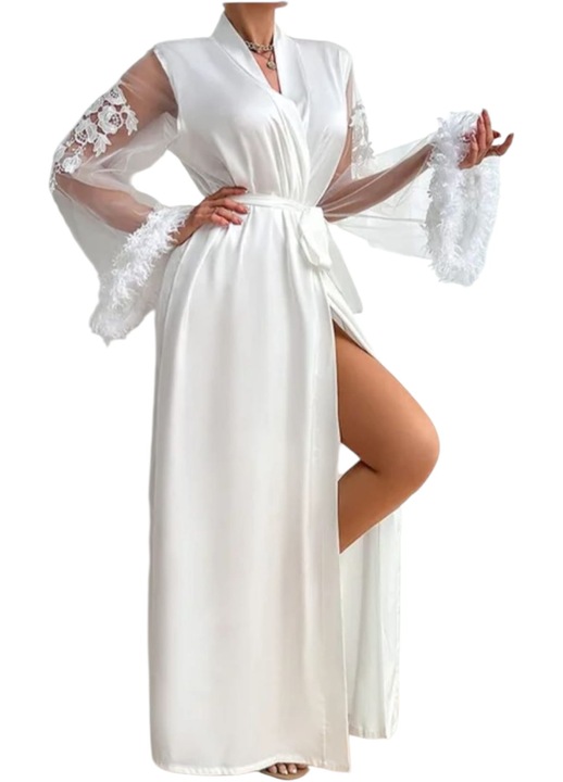 Halat lung din satin, StarFashion, cu maneci lungi din dantela, cu puf, Alb