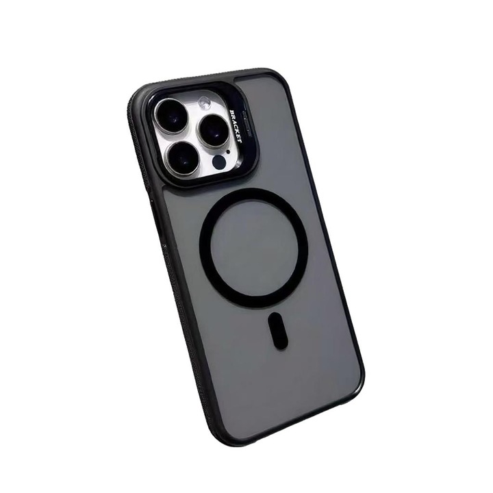 Калъф за телефон, съвместим с iPhone 15 Pro, защита на камерата, стойка, удароустойчив, черен