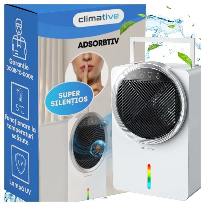 Dezumidificator de aer Climative ADSO, 2, 5 l, adsorbant, cu UV si afisaj LED, pana la 20 m², evacuare continua, foarte silentios, ideal baie si subsol, temperaturi scazute, alb