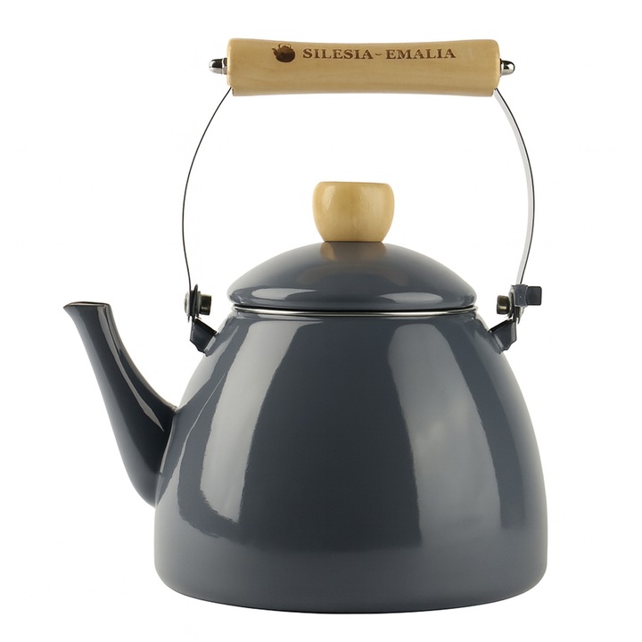 Ceainic Silesia Emalia Lucjan 2L, otel carbon, maner lemn, gri, 25x17,5cm