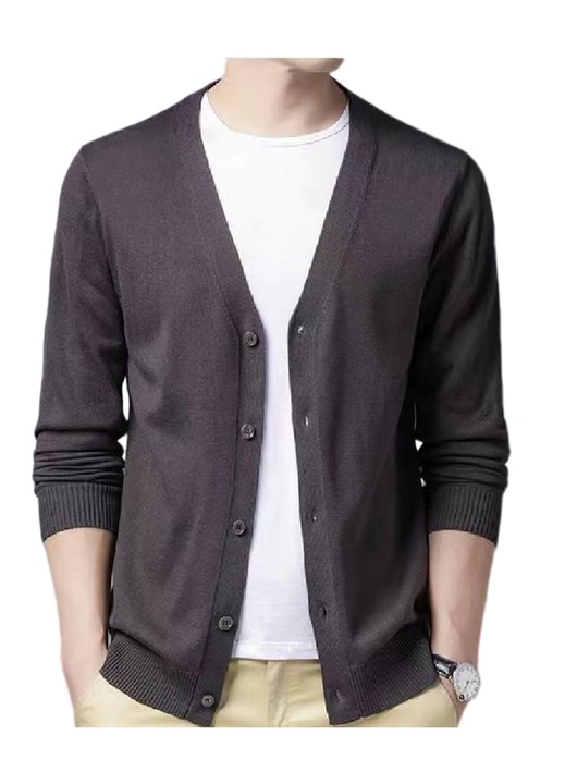 Мъжка плетена жилетка, dierouya, V-образно деколте, дълъг ръкав, тъмно сиво, размер XXL