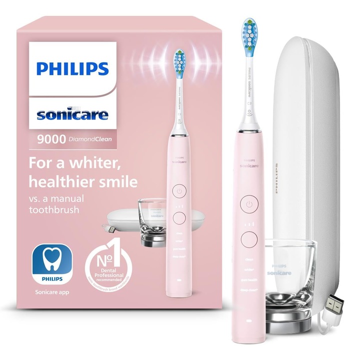 Philips Sonicare Diamondclean 9000 elektromos fogkefe, rózsaszín, alkalmazással, töltőpalackkal és hordtáskával