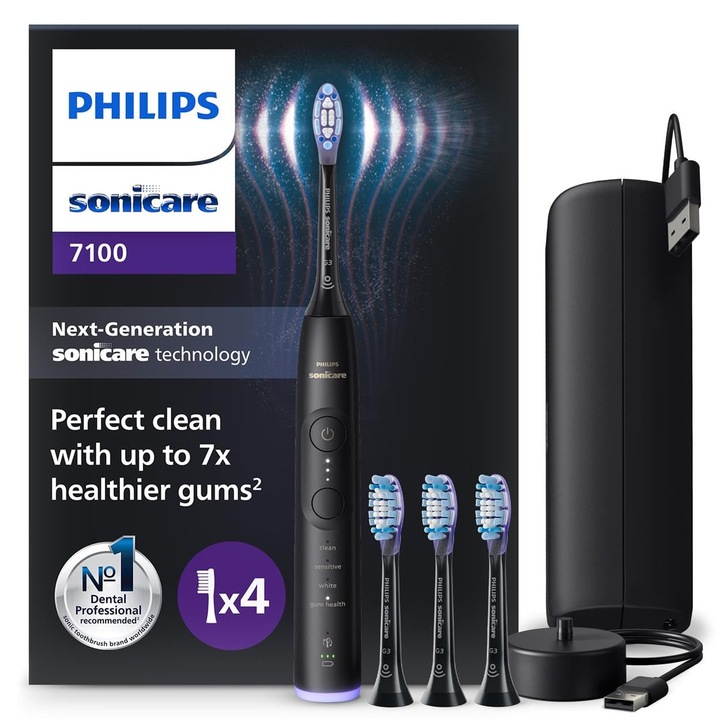 Philips Sonicare 7100 elektromos fogkefe, fekete, 4 fogmosási mód, 3 intenzitási szint