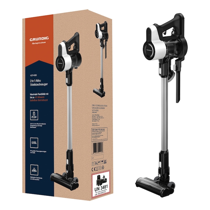 Aspirator vertical fără fir Grundig Vcp 4130, 110 W, capacitate 550 ml, alb/negru