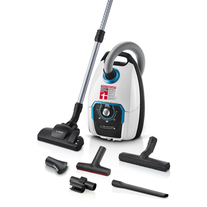 Прахосмукачка с торбичка Bosch Prosilence 8, кутия, хигиеничен филтър, 650 W, бяла