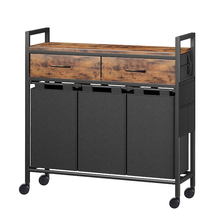 Cos de Rufe cu Raft si Sertare, Organizator Rufe cu Sac Compartimentat, Sortator Rufe cu 3 Saci de Rufe Detasabili si Extractibili, Organizator pentru Haine Murdare pentru Spalatorie, Maro Rustic si Negru