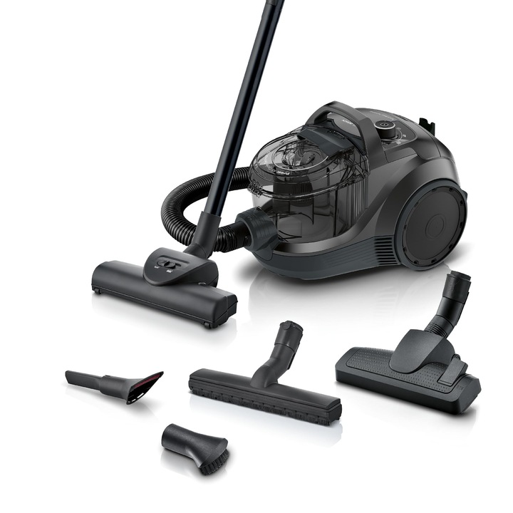 Прахосмукачка без торба Bosch Серия 4 Bgd21Ba3T, хигиенен филтър, 10 години гаранция на мотора, за паркет, килим, плочки, накрайник за твърди подове, турбо накрайник, висока всмукателна мощност, компактна, 750 W, черна