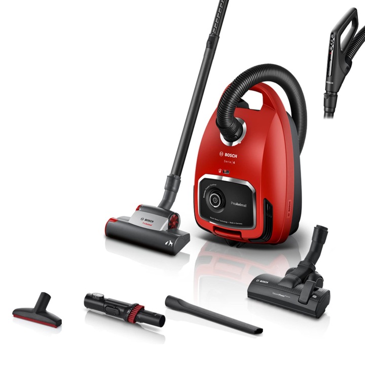 Прахосмукачка с торба Bosch Proanimal 700W, тип кутия, червена