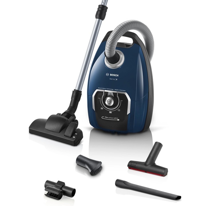 Прахосмукачка с торба Bosch Series 8, 700 W, хигиеничен филтър, син цвят