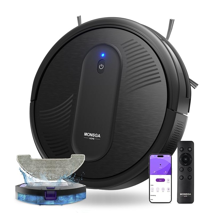 Aspirator Robot Monsga Cu Functie De Stergere A Solului 3 In 1, Aspirator Robot 3000Pa, Aspirator Robot Cu 2 Perii, Autoincarcare, Wifi, 140 De Minute, Ideal Pentru Par De Animale, Covoare, Podele Dure (Negru)