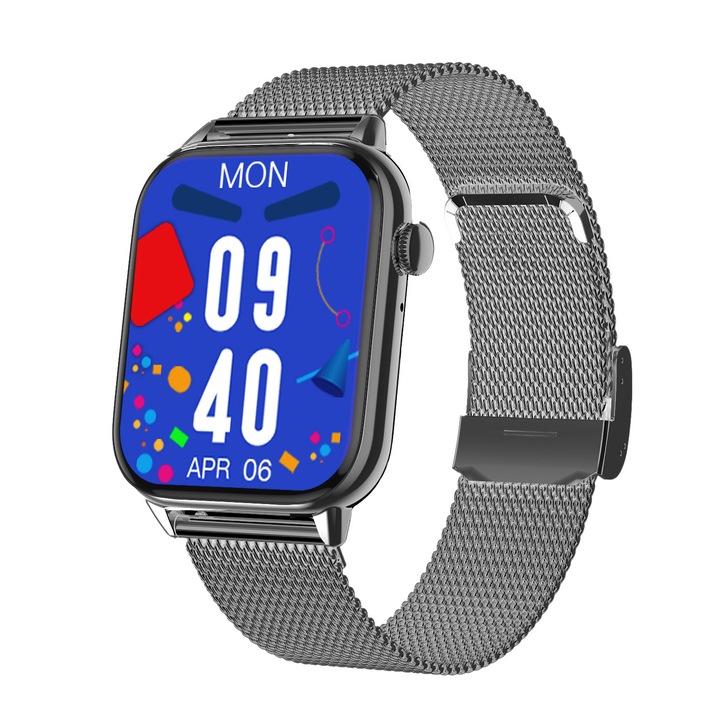 Smartwatch 1.85" Cu Bracelet Din Otel Negru - Apel Bluetooth, NFC, IP68, Monitorizare Ritm Cardiac/SpO2, Incarcare Magnetica, 30+ Moduri Sport