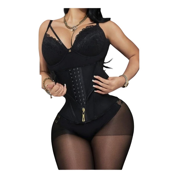 100% természetes latex női derékformáló, KuviKoo fűző típusú, állítható kompresszió csontozat nélkül, deréktámasz, derék és has karcsúsítása, ideális sporthoz és szülés utáni felépüléshez, fekete, M