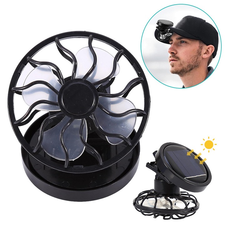 Hordozható ventilátor csipesszel, napenergiával működő, akkumulátor nélküli, környezetbarát, mini és könnyű, sapkára vagy kézben, alkalmas futballmeccsekhez, turizmushoz, horgászathoz, hegymászáshoz és egyéb szabadtéri tevékenységekhez, fekete
