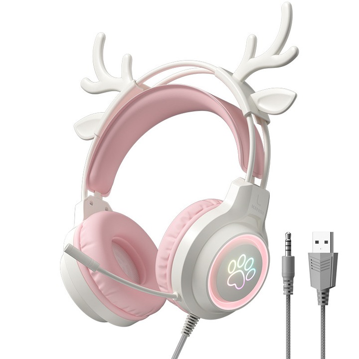 Слушалки за гейминг KINSI, RGB осветление, микрофон с шумопотискане, контрол на звука, кожена защита за уши, еленови уши, жак 3.5мм & USB, Розов/Бял