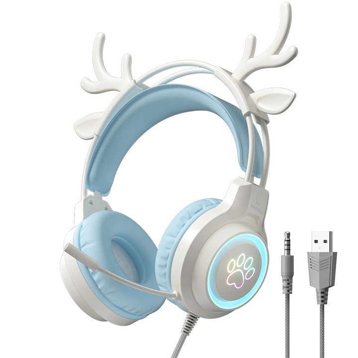 Kinsi gaming fejhallgató, RGB világítás, zajszűrős mikrofon, hangerőszabályzó, bőr fülvédő, szarvasfülek, Jack 3.5mm & USB, kék/fehér