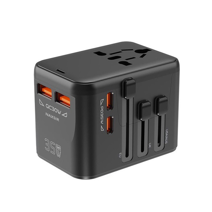 Adaptor Incarcator Universal NAXSIR, 2 USB-A+2 Type-C, 35W, Incarcare Simultana, Protectie Suprasarcina, Compatibil US/UK/EU/Australia/Asia, 71x52x53mm, Negru