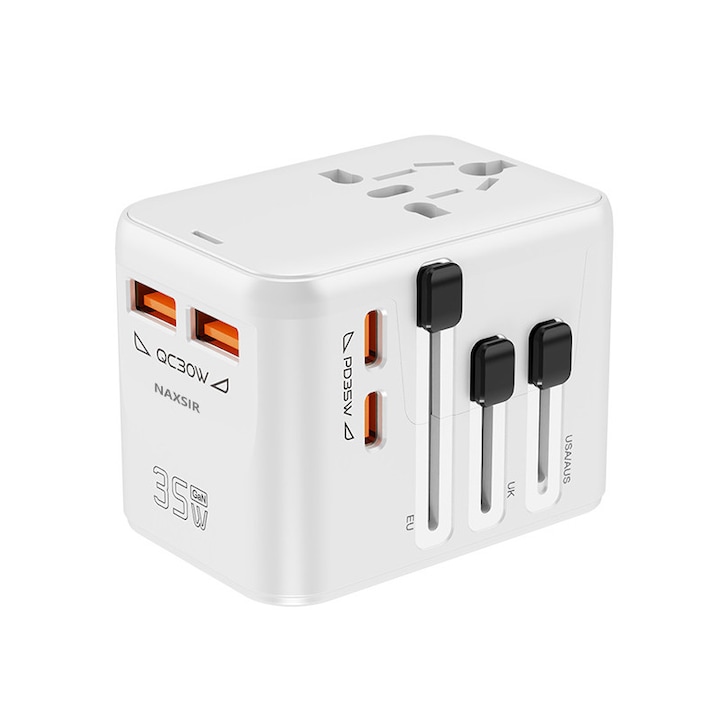 Adaptor Incarcator Universal NAXSIR, 2 USB-A+2 Type-C, 35W, Incarcare Simultana, Protectie Suprasarcina, Compatibil US/UK/EU/Australia/Asia, 71x52x53mm, Alb