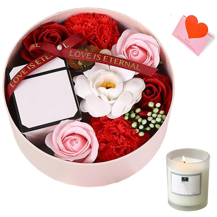 Sapun de baie cu flori la temperatura joasa cu o lumanare parfumata, LUVANTA®，un cadou de sarbatoare potrivit pentru sotie, mama si fiica, rosu