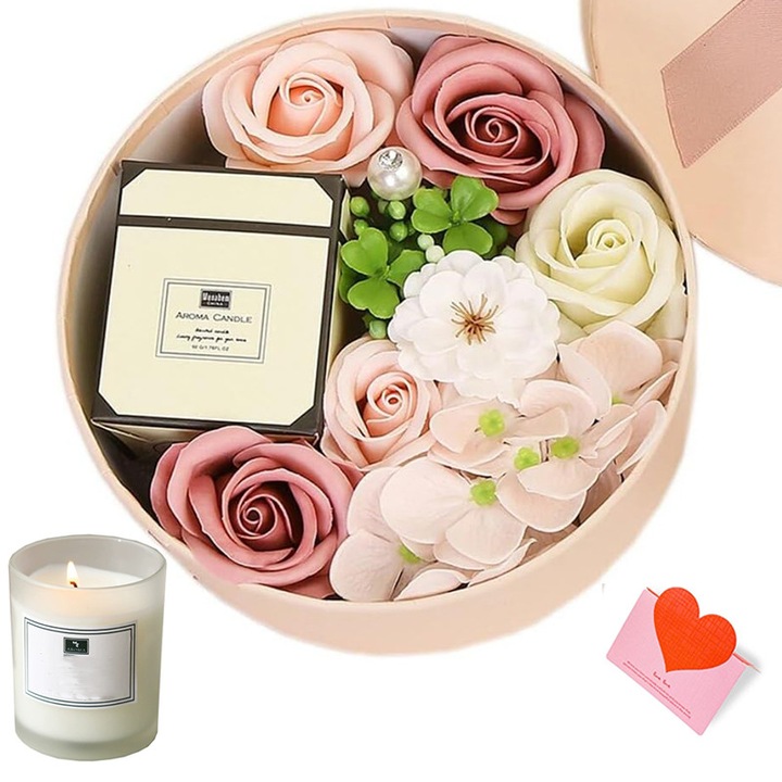 Sapun de baie cu flori la temperatura joasa cu o lumanare parfumata, LUVANTA®，un cadou de sarbatoare potrivit pentru sotie, mama si fiica, roz