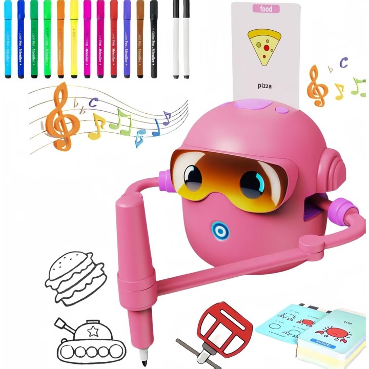 Robot inteligent de desen, WALALLA, cu 100 de fise cu cuvinte si interactiune vocala, creioane colorate, introduceti si desenati, varste 3+, jucarie educationala/Montessori interactiva, roz
