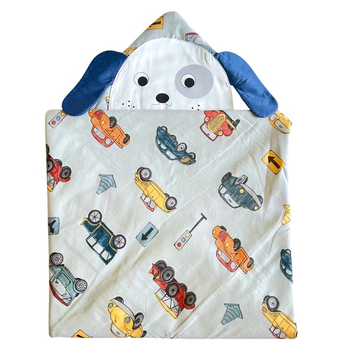 Paturica multifunctionala 90x90 cm - Bumbac 100% - Model: Cap de Animal 3D, Masinute & Catel, albastru